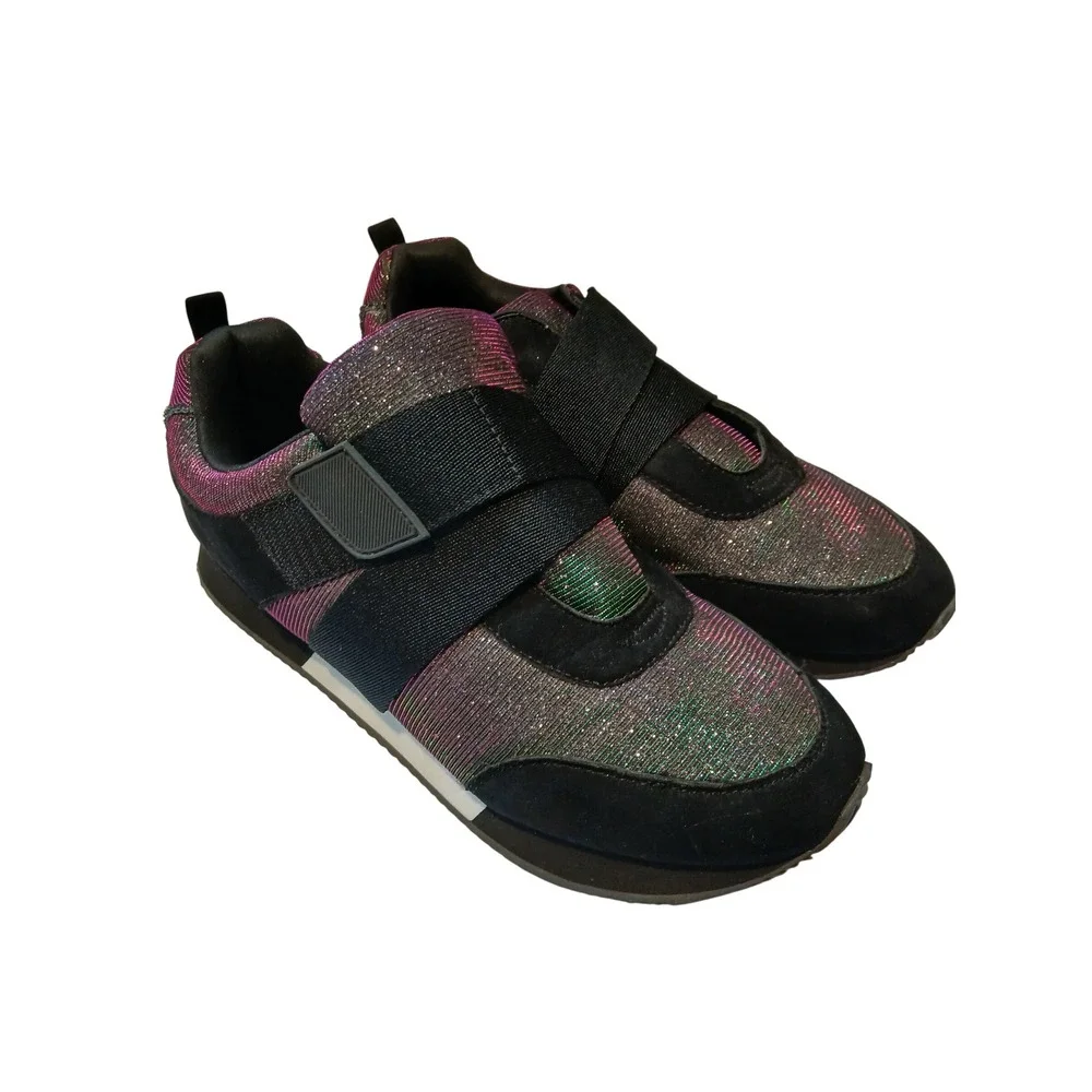 Juicy Couture Women's Glitter Sneakers Rainbow Sparkle Black Velcro Shoes 10 - Picture 5 of 8